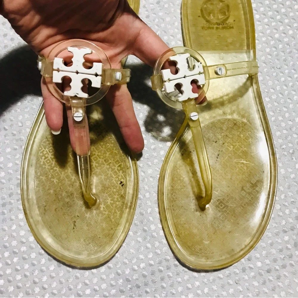 TORY BURCH clear jelly sandals white logo SIZE 9 womens